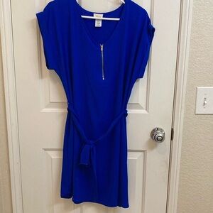 Tovia Scoop Neck Tie Waist Tunic Shirt Dress Cobalt Blue Large Mini